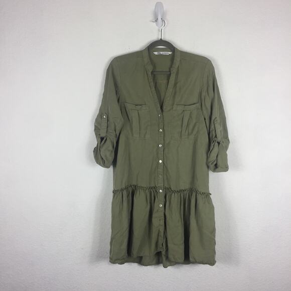 Zara Army Green Babydoll Ruffle Button Oversized Mini Dress XS Lightweight Beach - Picture 3 of 15